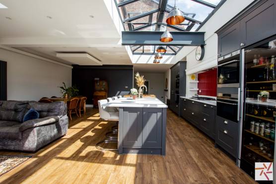 3454M 7 photo shoot location house in Manchester large open plan kitchen with crittall doors and skylights