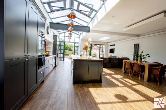 3454M 8 tv drama location house in Manchester large open plan kitchen with crittall doors and skylights