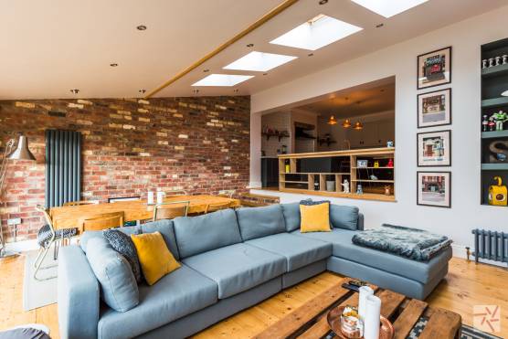 3110W 1 Modern brick wall living room for filming location hire in West Yorkshire