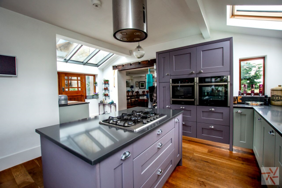 3148W modern kitchen wooden floor hob on the island to hire for photo and filming shoots in West Yorkshire