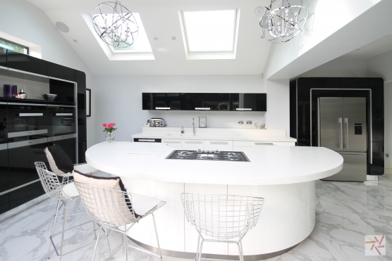 3108W 6 Filming location in Leeds area with large contemporary open plan white kitchen with kitchen island 