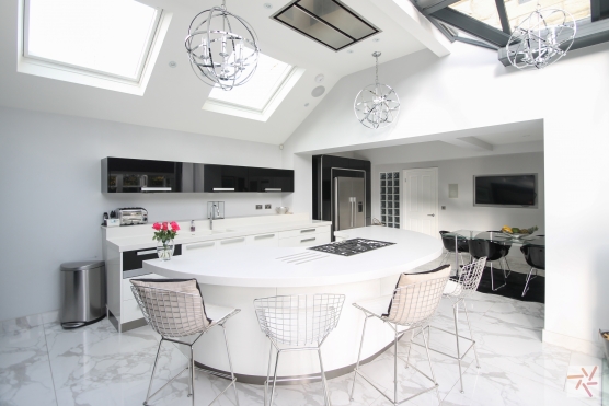 3108W 7 Photo and filming location in West Yorkshire contemporary white kitchen with kitchen island and hob on the island